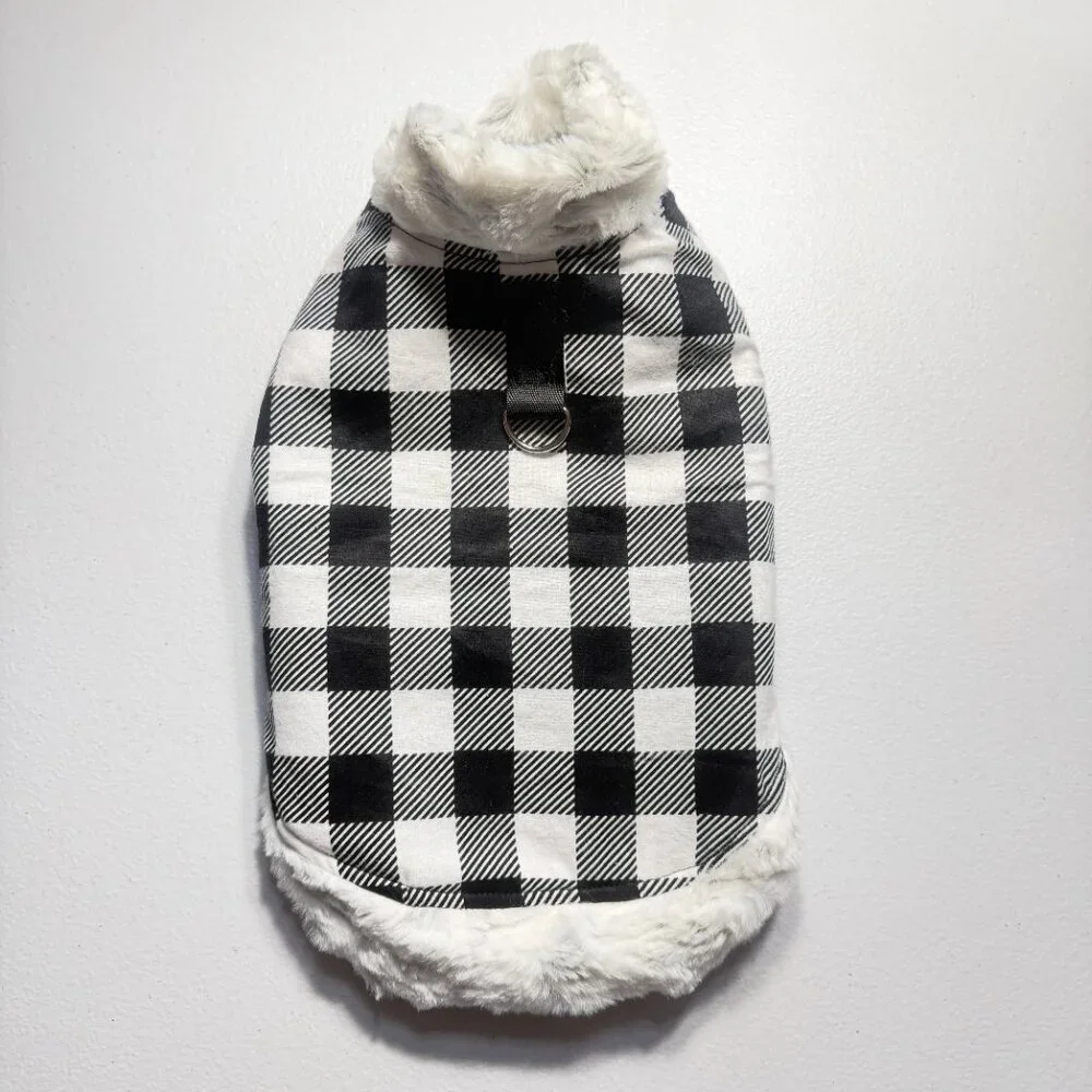 Buffalo Plaid Dog Coat with Fur Trim Stylish Winter Jacket for Pets Size Medium